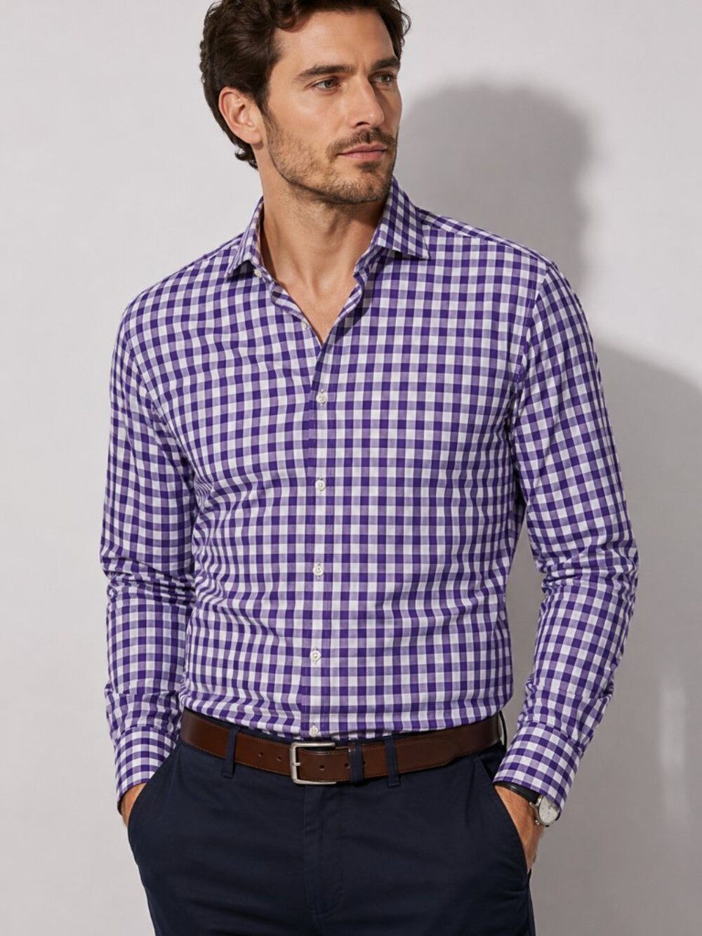 Neiman Marcus Men’s Purple Gingham Trim Fit Button Down Shirt Size 16 1/2